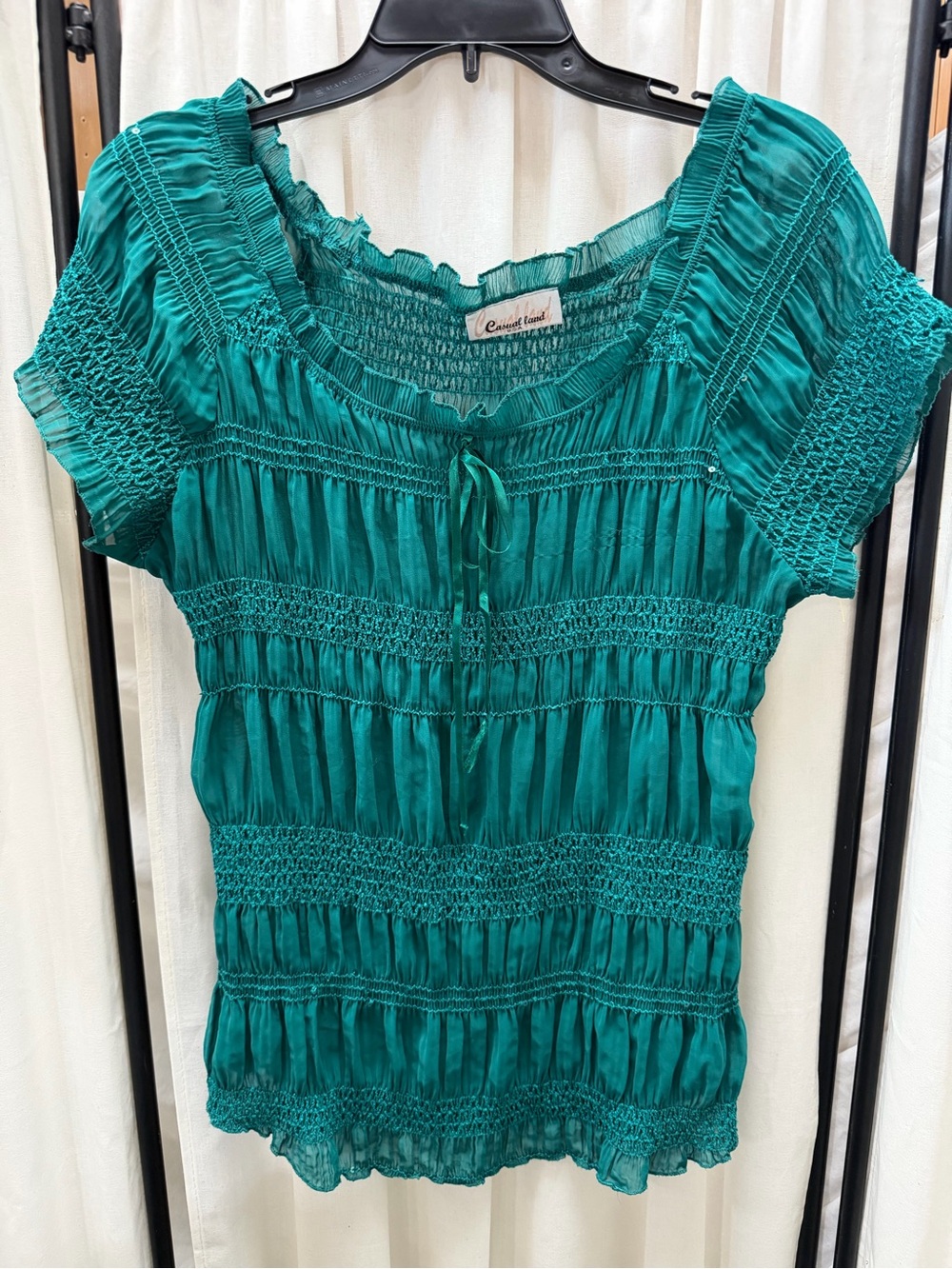 Smocked Teal Peasant Top with Tie Neck